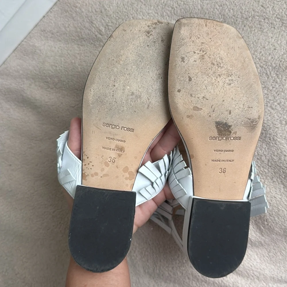 Sergio Rossi White Leather Fringe Sandals 36 - Picture 6 of 11